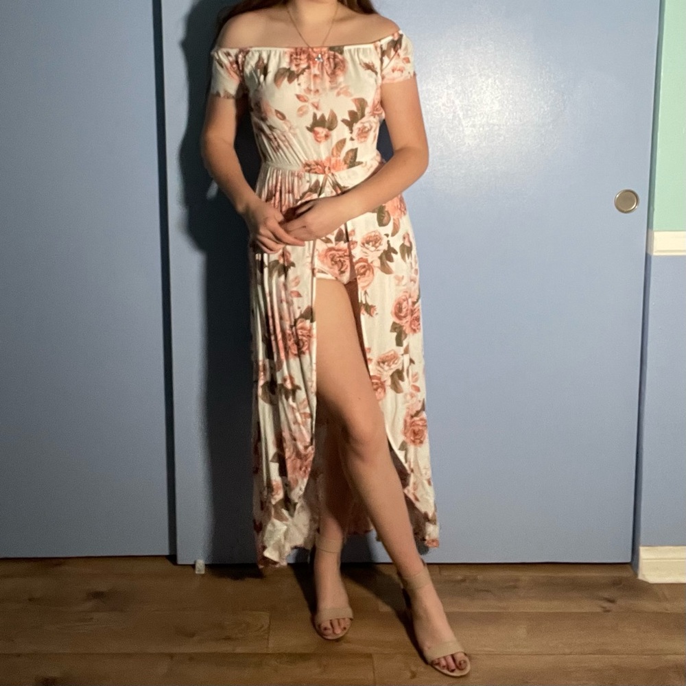 floral off the shoulder romper dress
